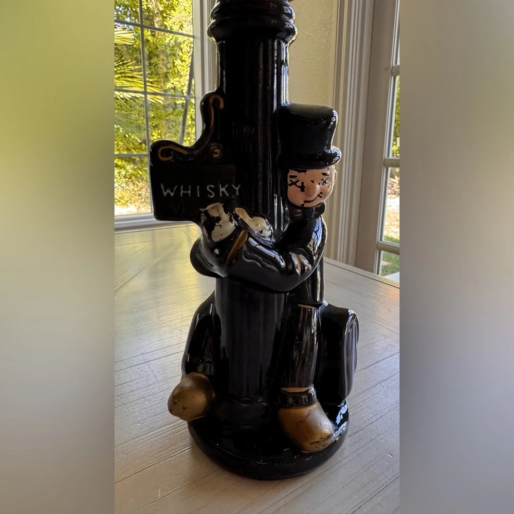 Vintage 1950s “Drunk Sleeping on Whiskey Streetpost” Redware Whiskey Decanter